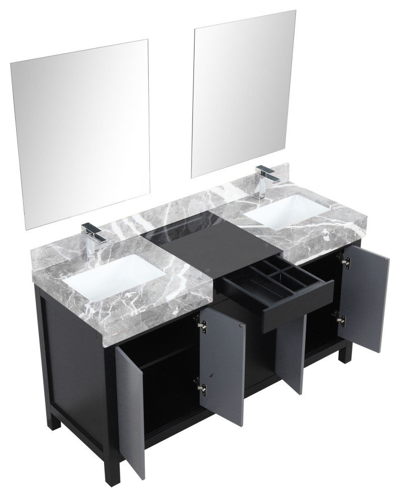 60" Double Vanity, Marble Tops, Square Sinks, Faucet Set,&28" Frameless Mirrors