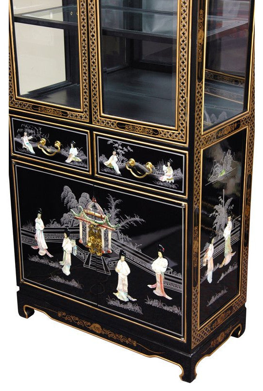 Tall Lacquer Curio Cabinet, Black Mother of Pearl Ladies