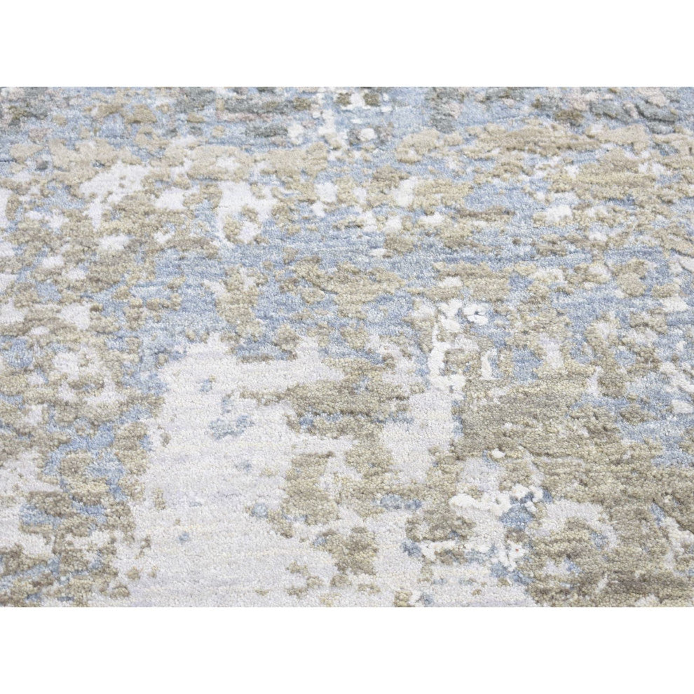 Gray, Pure Wool Modern Abstract Design, Hand Knotted, Runner Rug, 2'6"x12'1"
