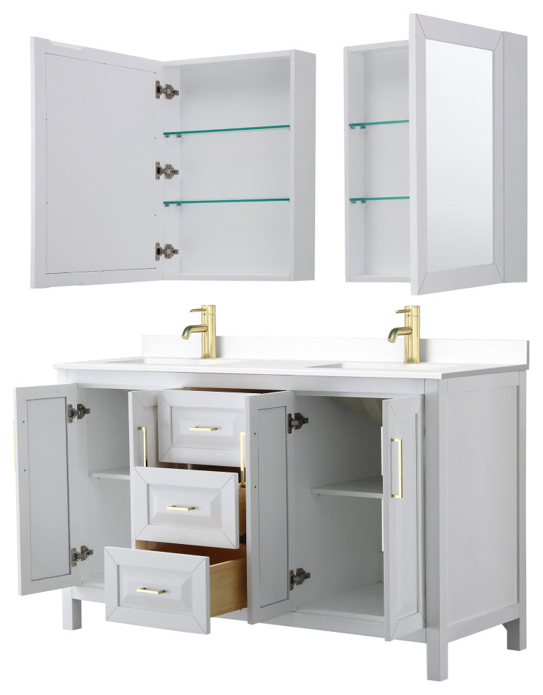 60"DBL Vanity White, White Cult. Marble Top, Sinks, Med. Cabinets, Gold Trim