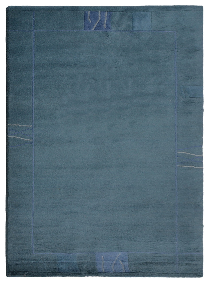 Hand Knotted Tibbati Wool Area Rug Contemporary Blue