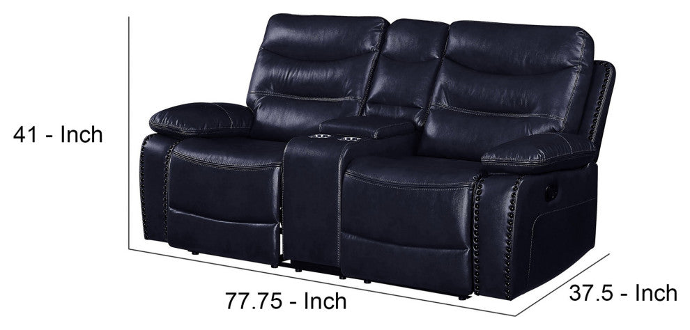 Benzara BM251076 Motion Loveseat, Leather Upholstery and Tufted Seat, Navy Blue