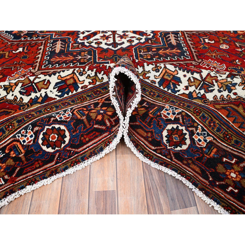 Tomato Red Pure Wool Hand Knotted Semi Antique Persian Heriz Rug 8'5"x10'9"