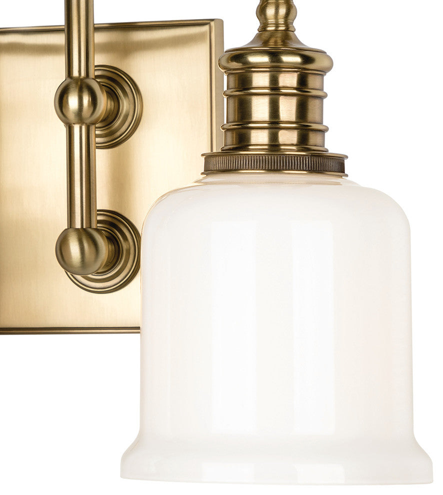 Keswick 2-Light Bath and Vanity With Opal Glossy Glass Shade, Aged Brass