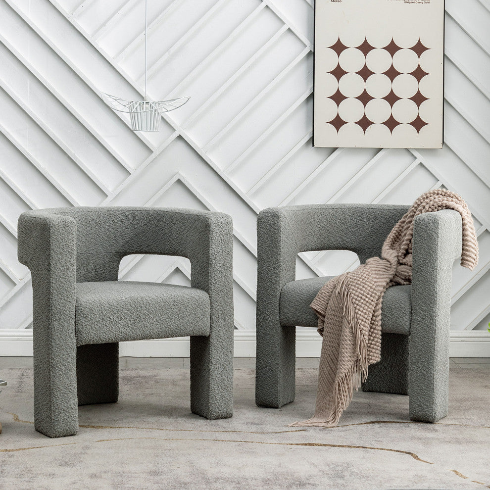 28" Wide Boucle Upholstered Square Armchair, Set of 2, Light Grey