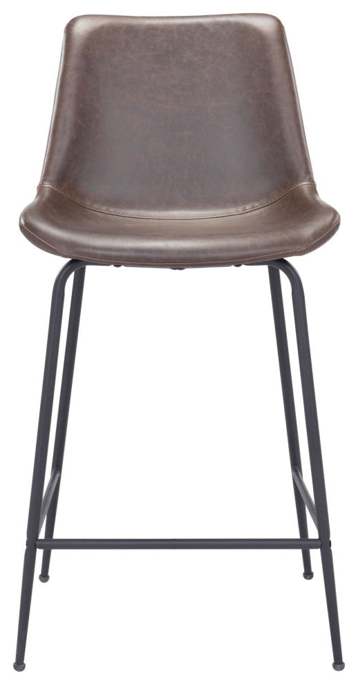 Counter Stool Chair, Faux Vinyl Leather, Steel, Brown, Black, Mid Century Cafe