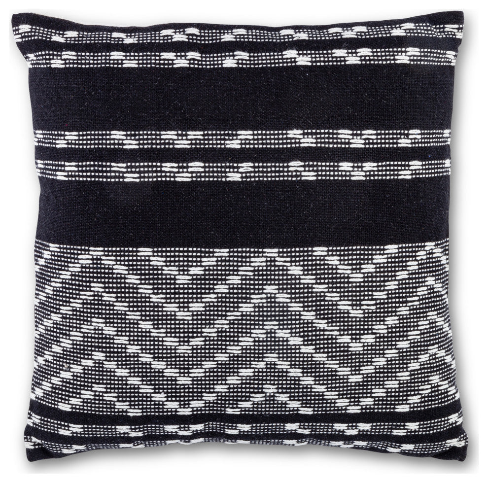 18" Black and Ivory Woven Cotton Square Accent Pillow