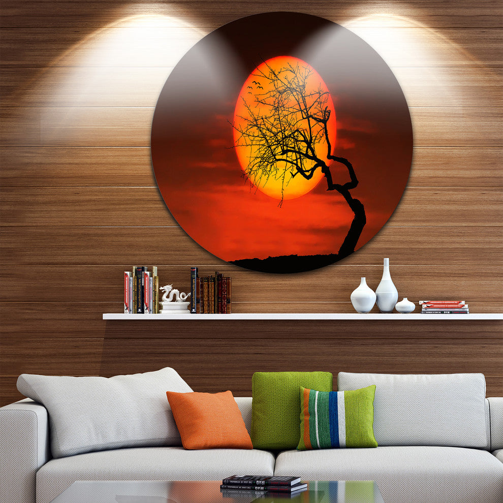Birds And Tree Silhouette At Sunset, Disc Metal Wall Art Landscape, 36"