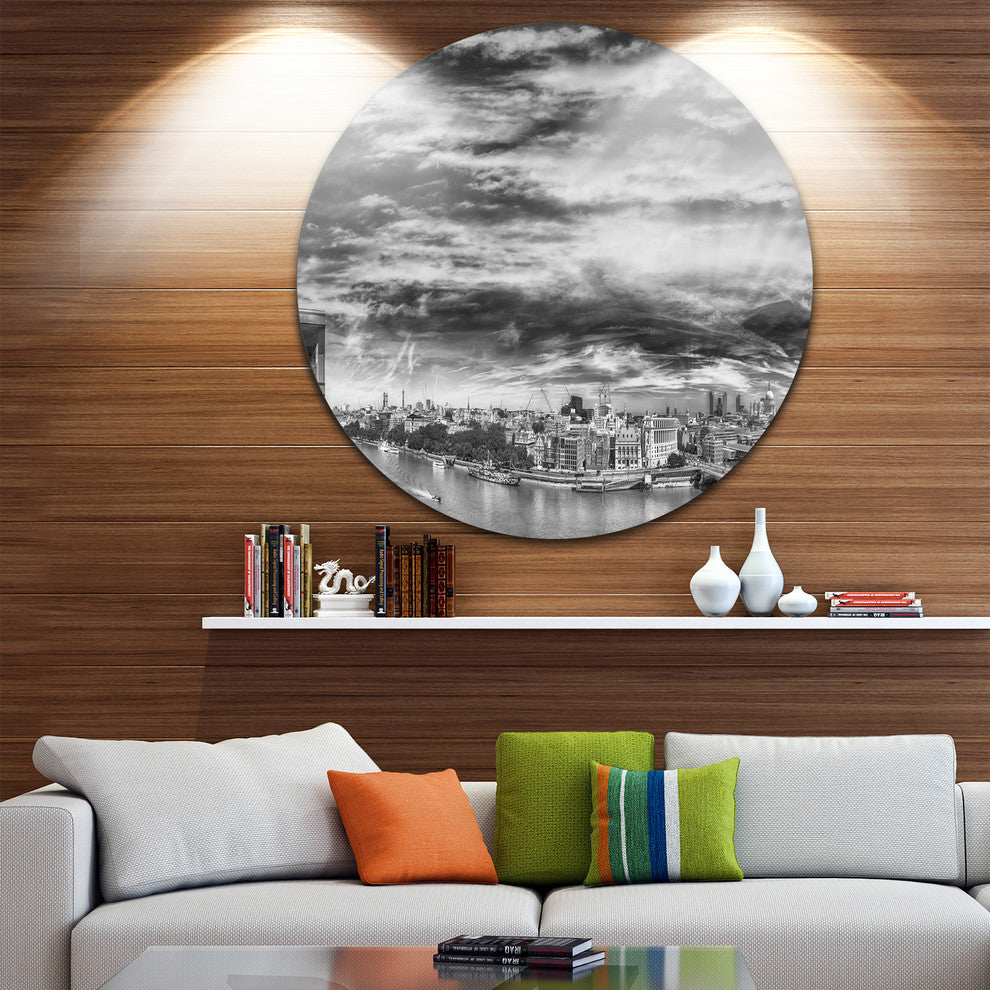 Black And White Panoramic London, Cityscape Round Wall Art, 11"