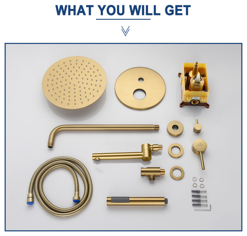 CASAINC 10" Round Wall Mounted Shower System Set Handheld Spray & Bathtub Spout, Brushed Gold