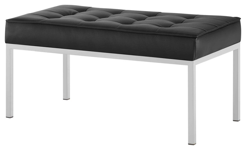 Lounge Accent Chair Bench, Faux Vinyl Leather Metal Steel, Black Silver