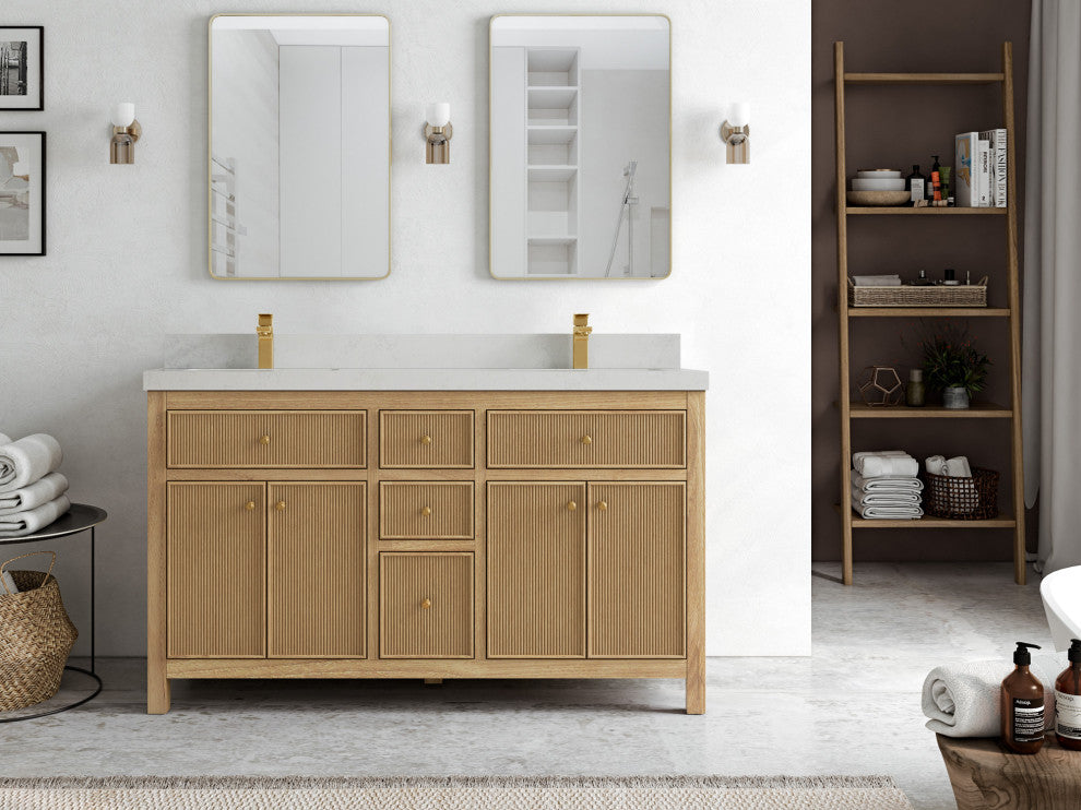 Sonoma 60 Double Bathroom Vanity in Light Natural Teak with 2" Carrara Quartz