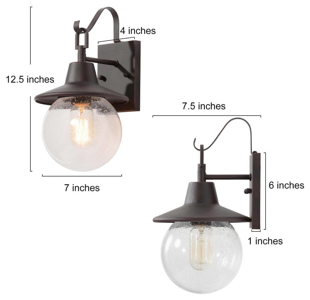 1-Light Bronze Seeded Glass Globe Outdoor Wall Lamp, Set of 2