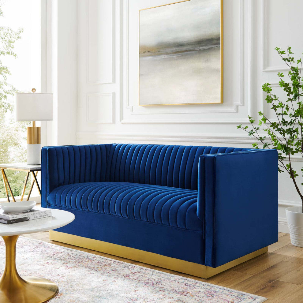 Tufted Loveseat Sofa, Velvet, Blue Navy, Modern, Living Lounge Hotel Hospitality