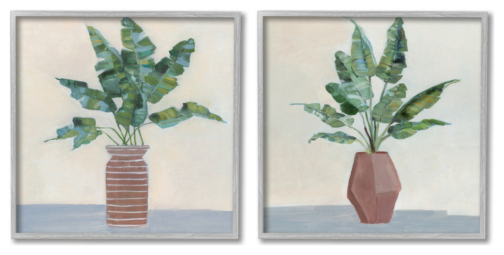 Green Palm Frond Plants Brown Jars Still Life,12 x 12