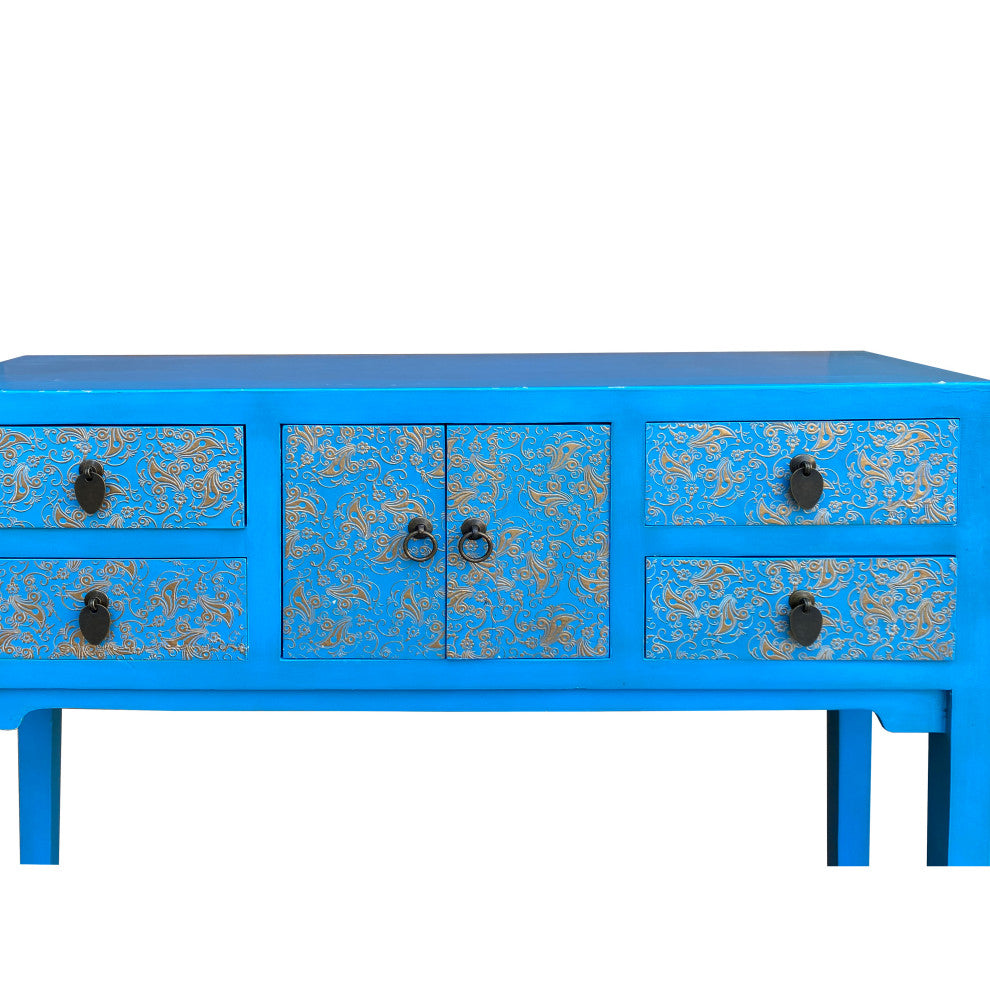 Bright Blue Lacquer Golden Flower Graphic Drawers Slim Foyer Side Table Hcs7146