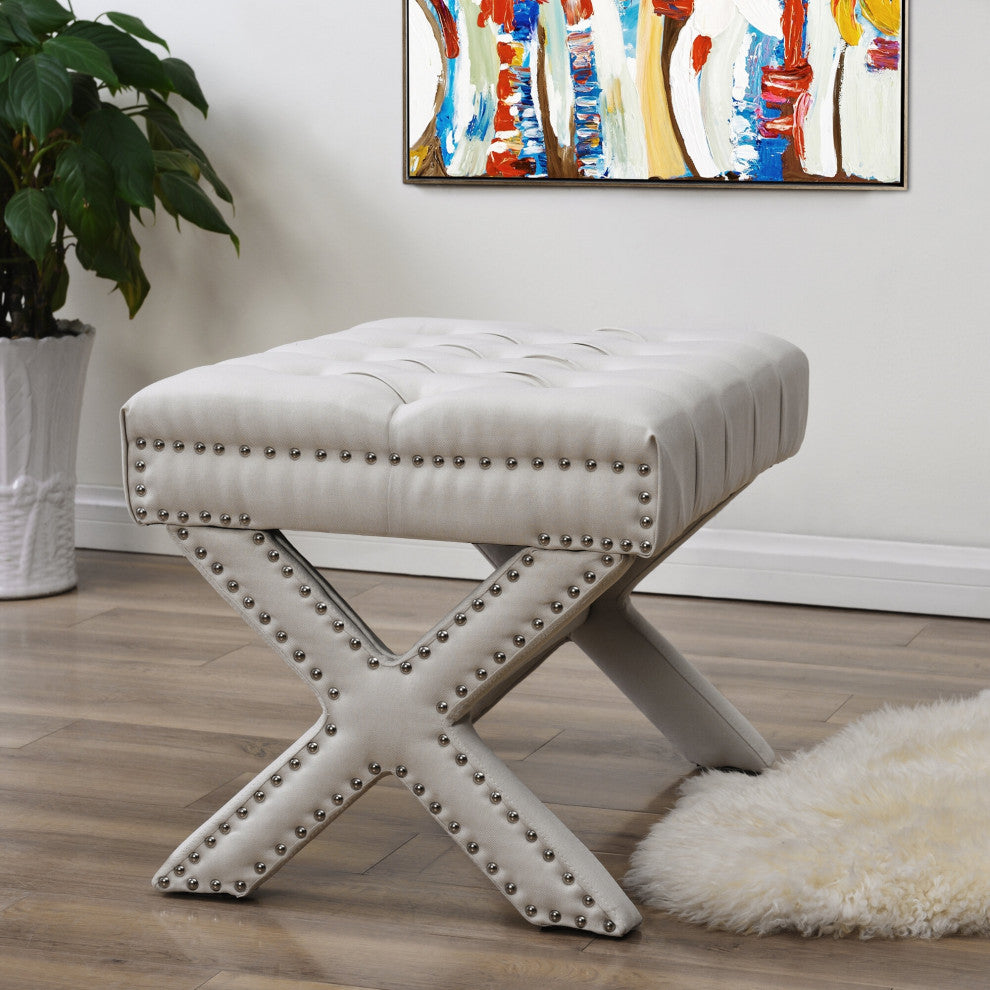 Paola Linen Button Tufted Silver Nailhead Trim X-Leg Ottoman, Cream White