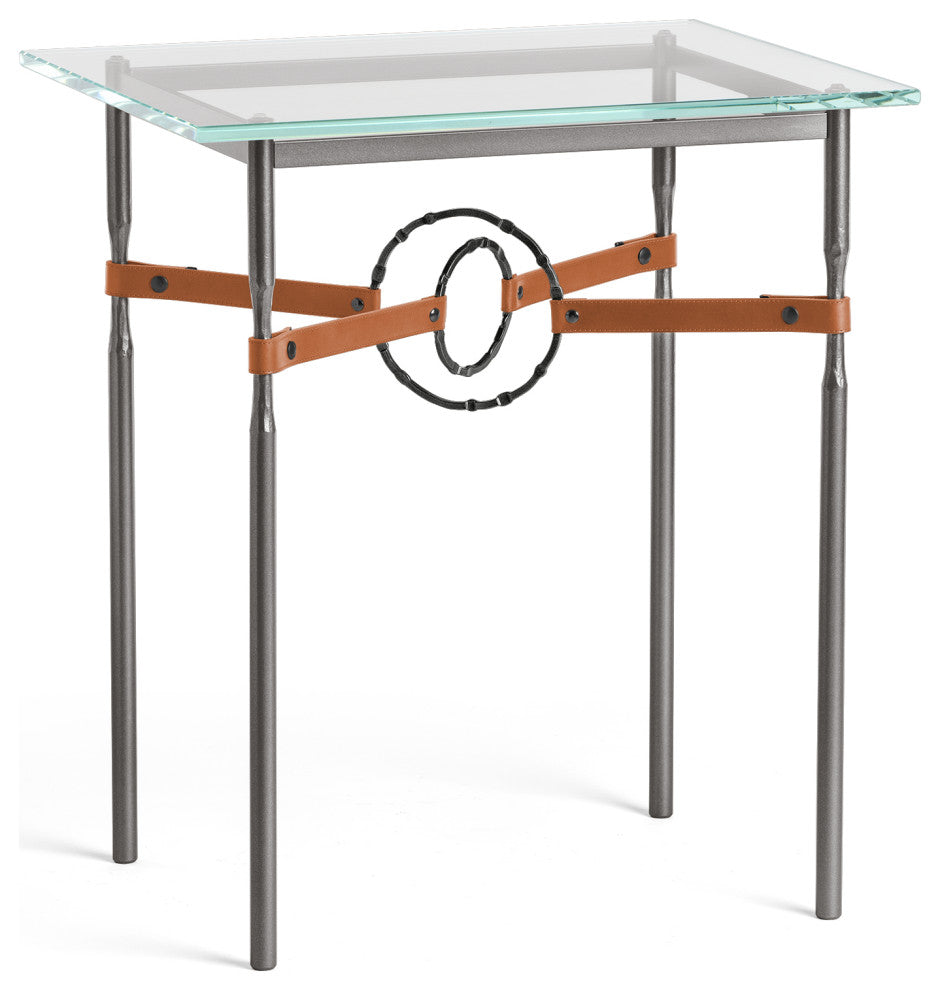 Equus Side Table, Dark Smoke Finish, Black Accents, Chestnut Leather Strap