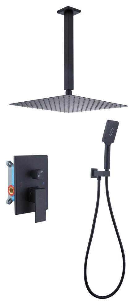 CASAINC 12" Ceiling Mounted Modern Waterfall Shower System Set, Matte Black
