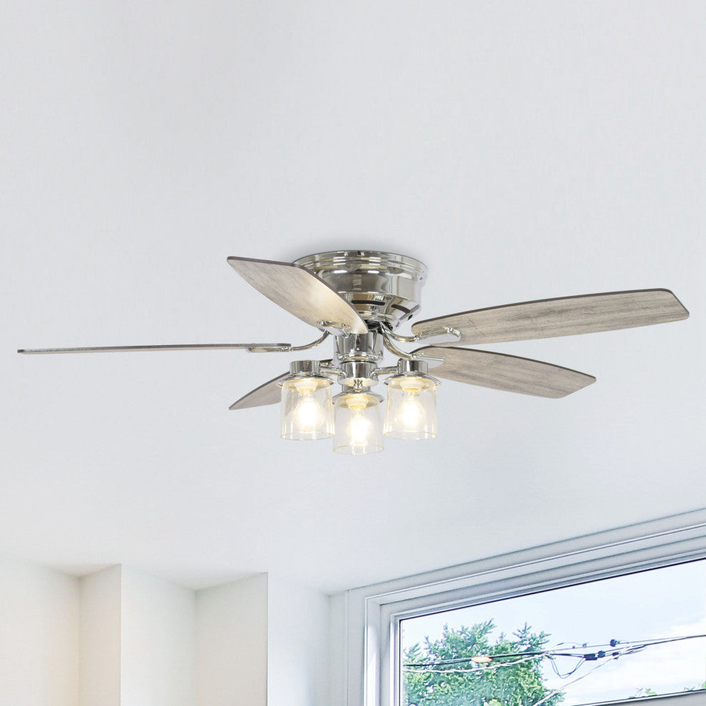 52 in Modern Flush Mounted Ceiling Fan in Chrome with Remote Control, 5 Blades