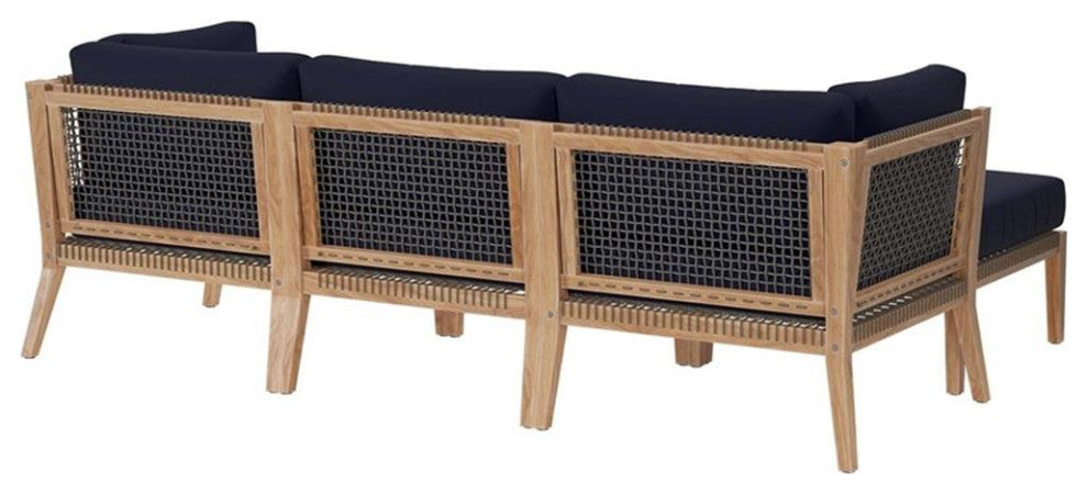 Clearwater Outdoor Patio Teak Wood 4-Piece Sectional Sofa, Gray Navy