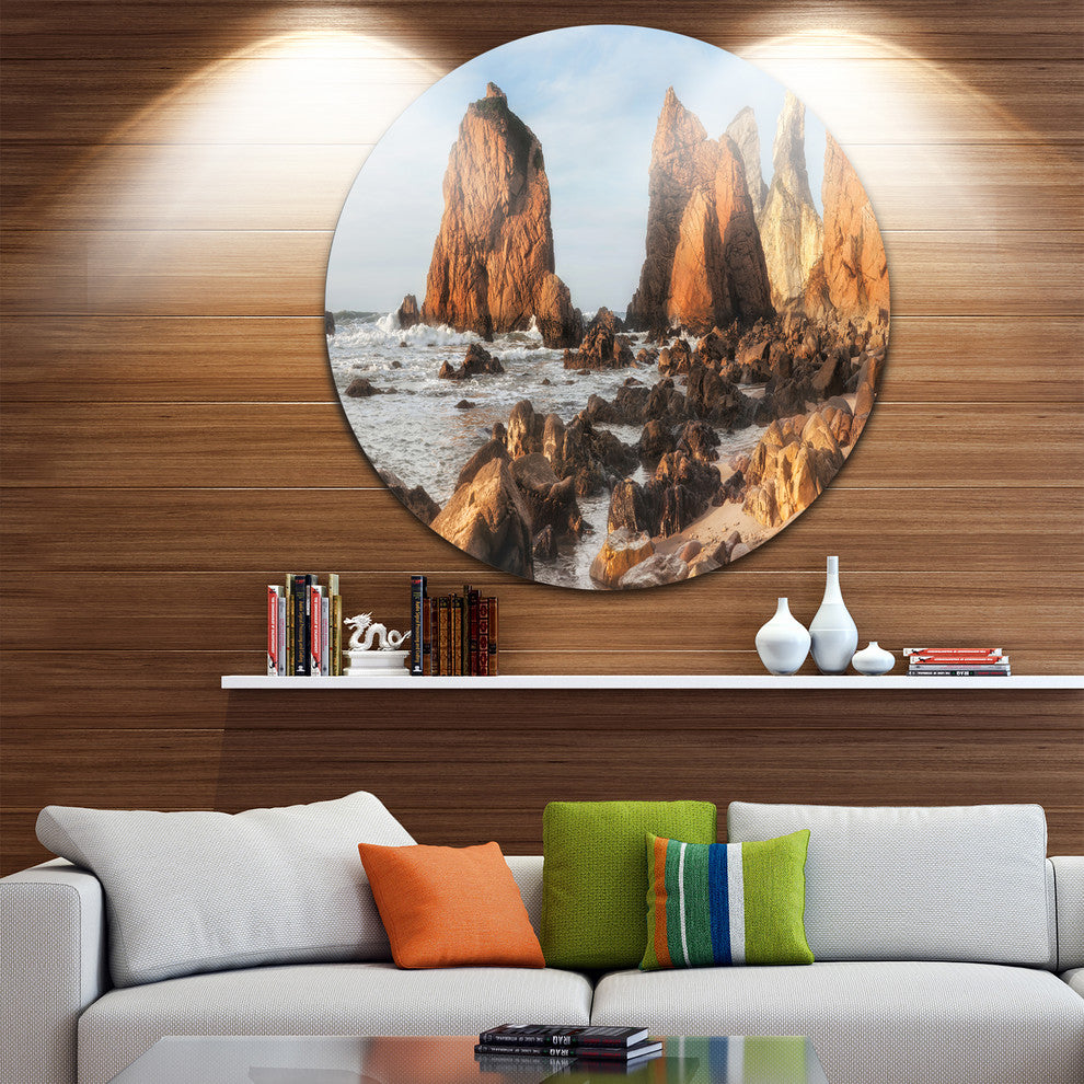 Rocky Atlantic Coast In Brown, Seascape Disc Metal Artwork, 38"