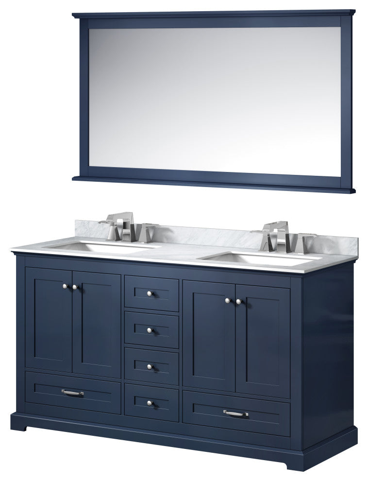 Dukes 60" Navy Blue Double Vanity, White Square Sinks, 58" Mirror With Faucets
