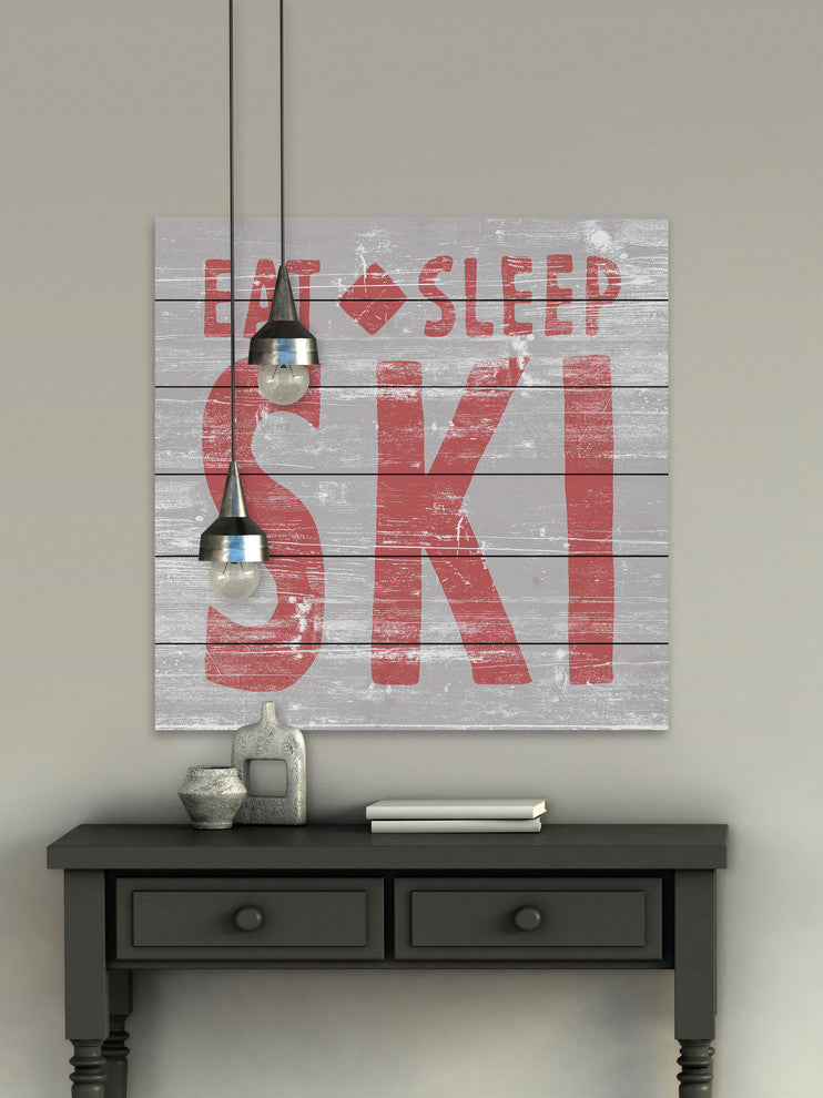"Eat Sleep Ski" Painting Print on White Wood, 40"x40"