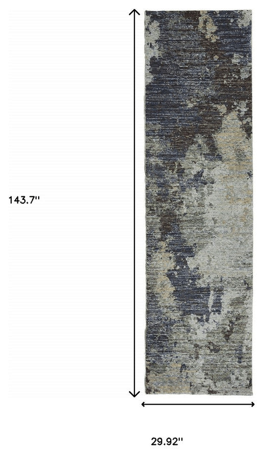 12' Runner Navy and Blue Abstract Power Loom Runner Rug