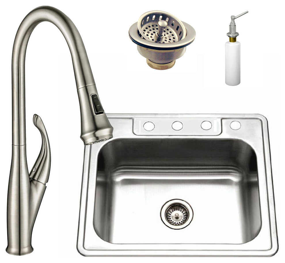 25" Stainless Steel Single Bowl Kitchen Sink and Faucet Set, Stainless Steel