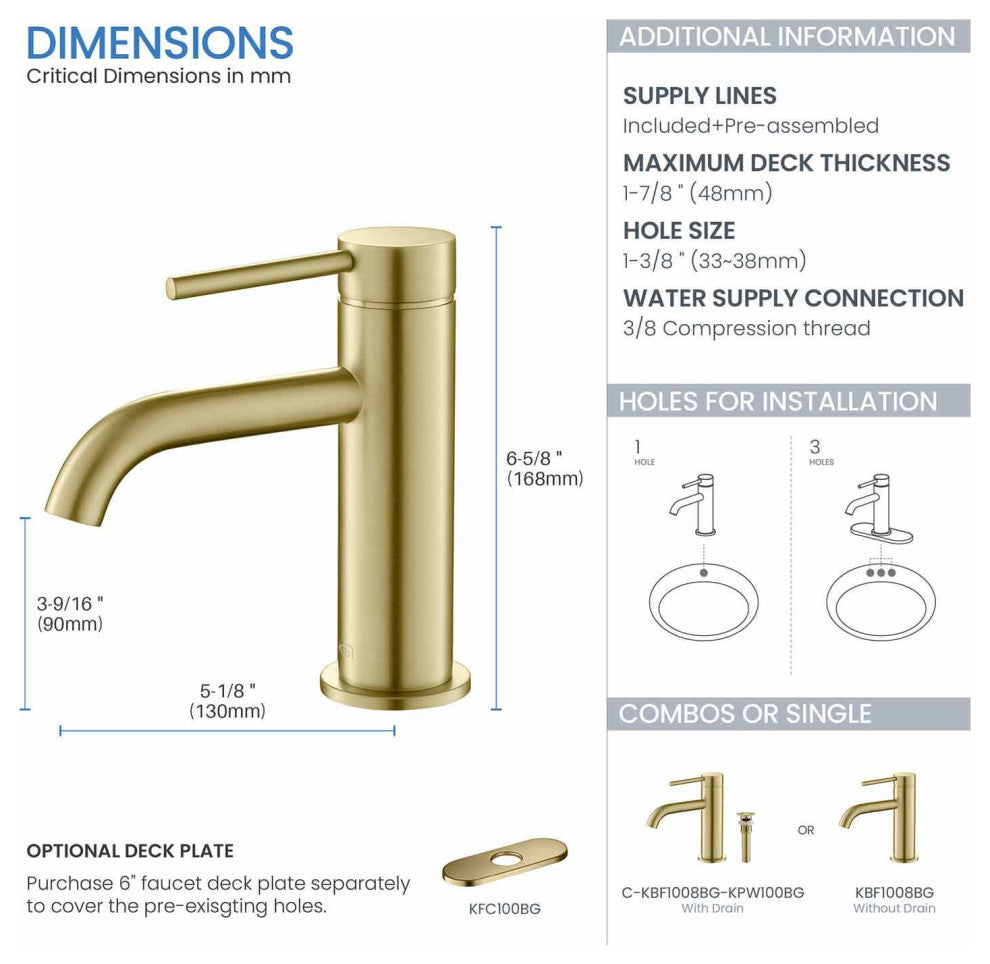 Circular Brass Single Handle Bathroom Faucet KBF1008, Brush Gold, with Drain
