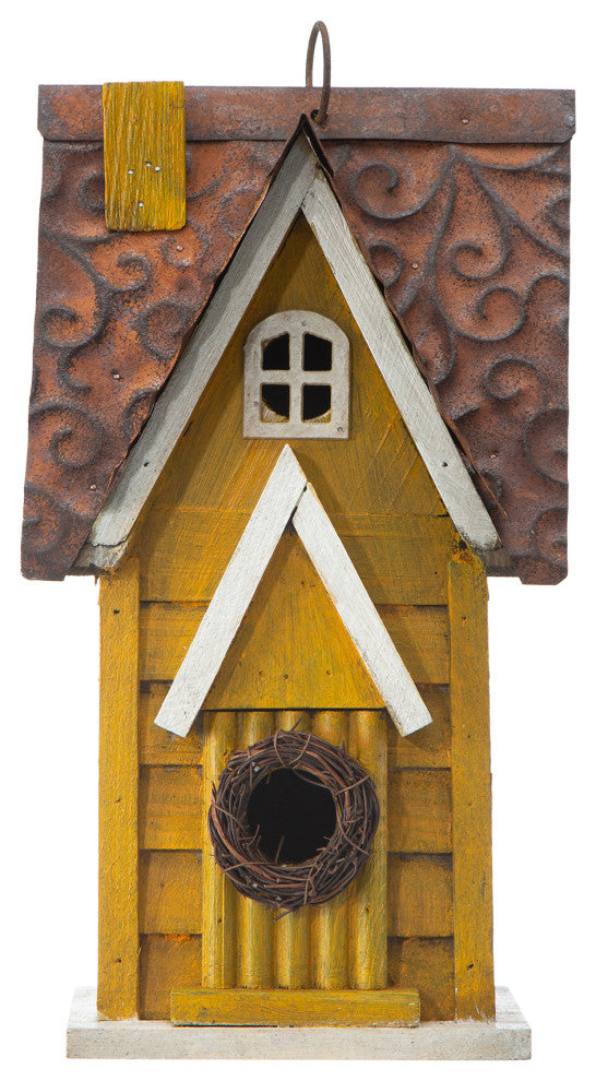 12"H Retro Distressed Solid Wood Cottage Birdhouse