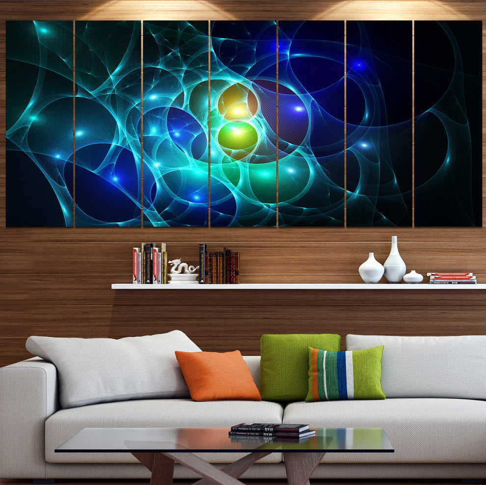 Blue Glowing Bubbles Time, Abstract Wall Art Canvas, 83"x32", 7 Panels
