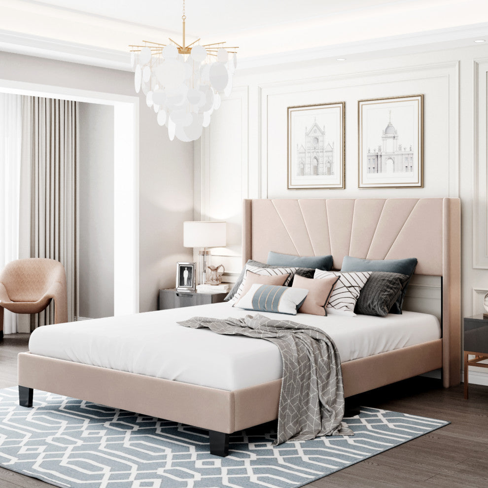 Gewnee Queen Size Velvet Upholstered Platform Bed in Beige