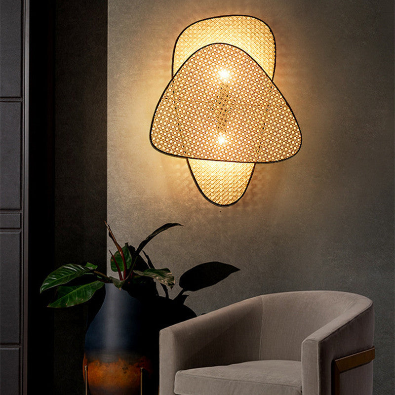 French Designer Wall Lamp with Hand Made Rattan Wicker for Bedroom, Double Head, Warm Light