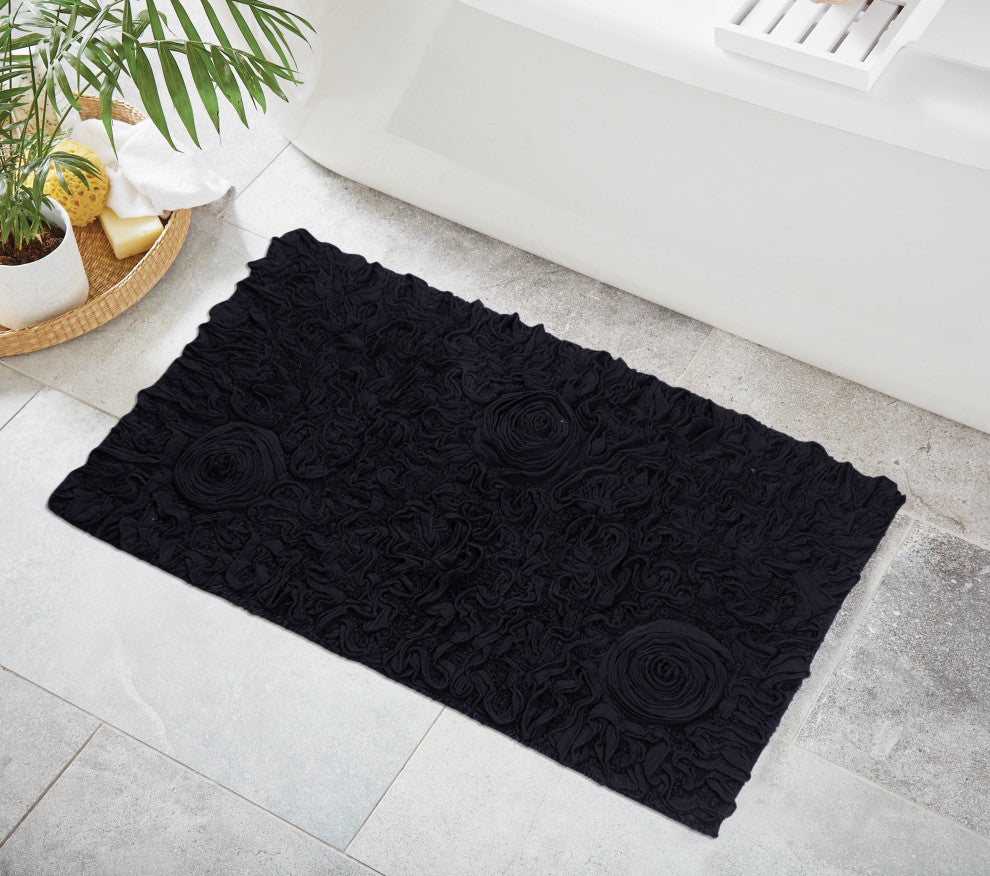 Bell Flower Collection Tufted Bath Rugs, 24"x40" Rectangle, Black