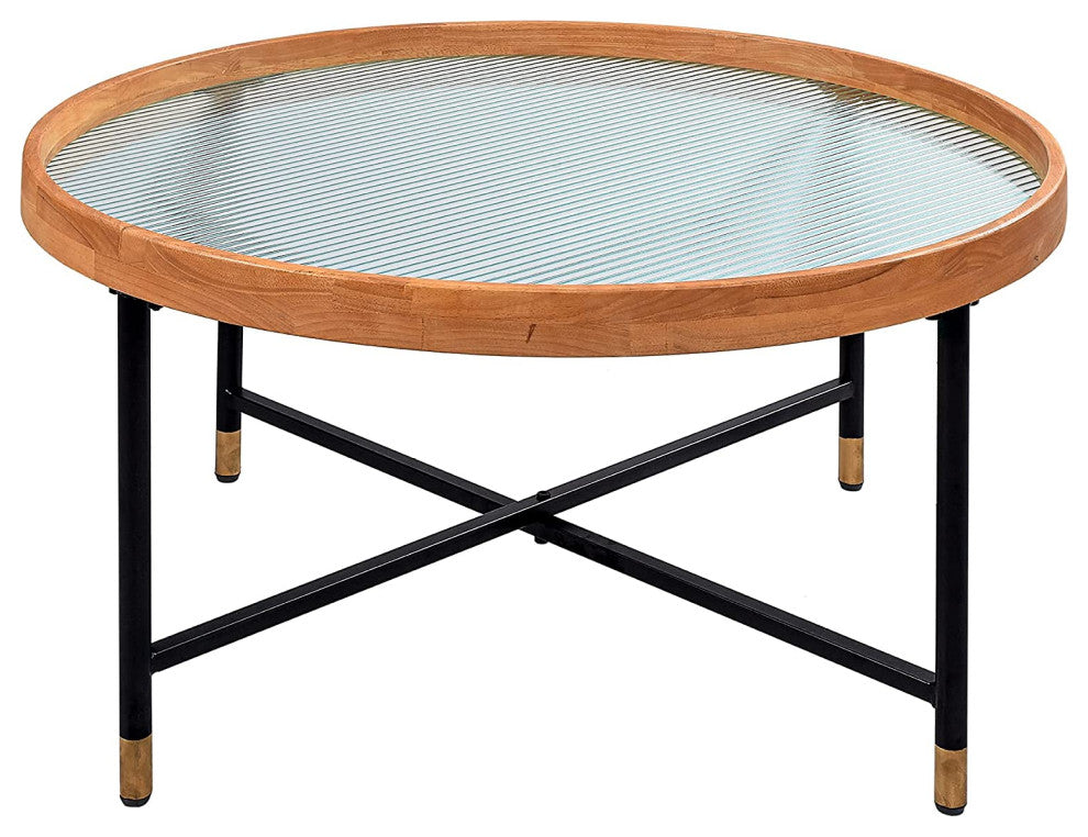 Farmhouse Glass Coffee Table, Rubberwood Tray and Metal Frame, Reeded Pattren