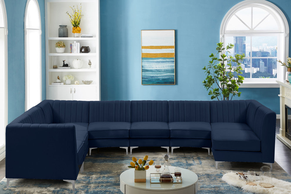 Alina Velvet Modular U-Shaped Sectional, Navy, 8-Piece: 5 Armless Chair, 3 Corner Chair