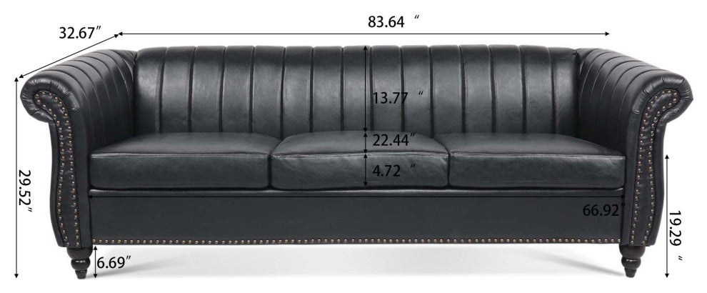 83" Faux leather Rolled Arm Sofa with Nailhead Trim, Black, 83'' X 33''