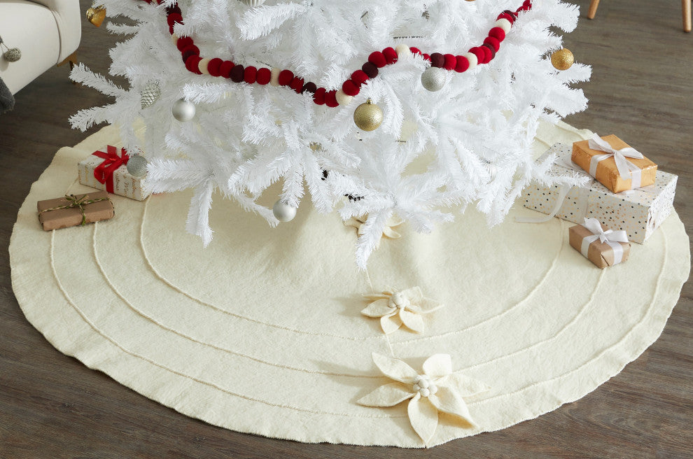 Felted Wool Poinsettia Button Tree Skirt White