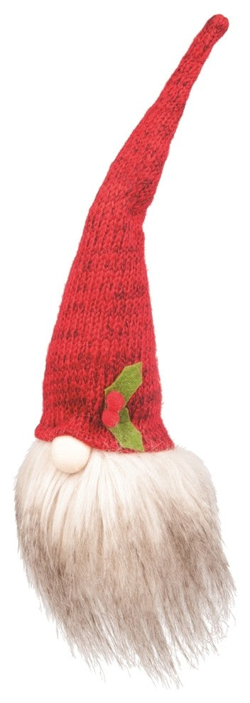 Gnome in Knitted Red Knit Hat with Holly Christmas Holiday Ornament 11 Inches