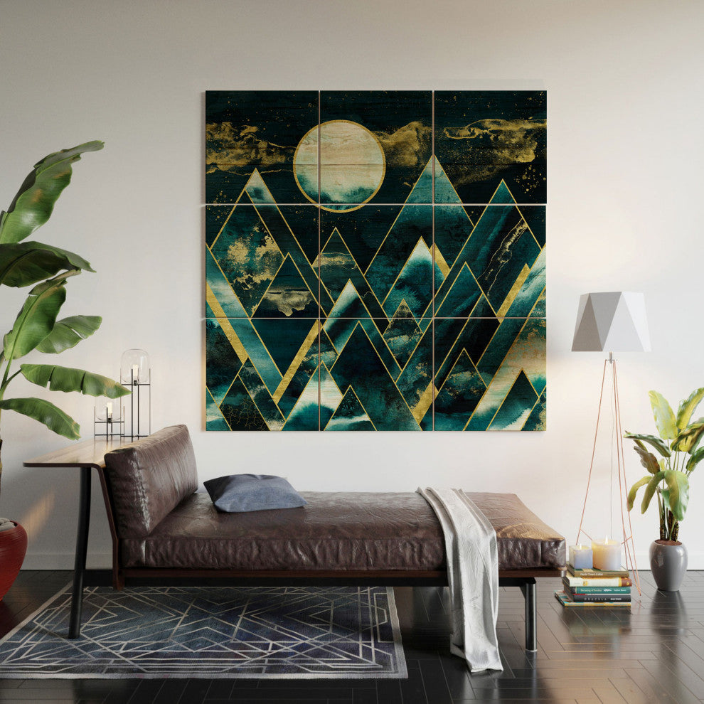 Nature Magick Gold Teal Geometric Mountains Wood Wall Mural
