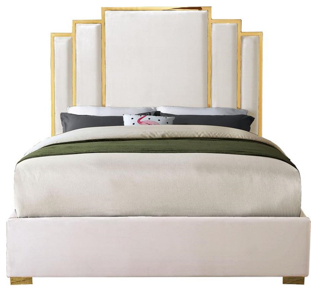 Maklaine Modern Upholstered Velvet Queen Bed in Cream/Polished Gold