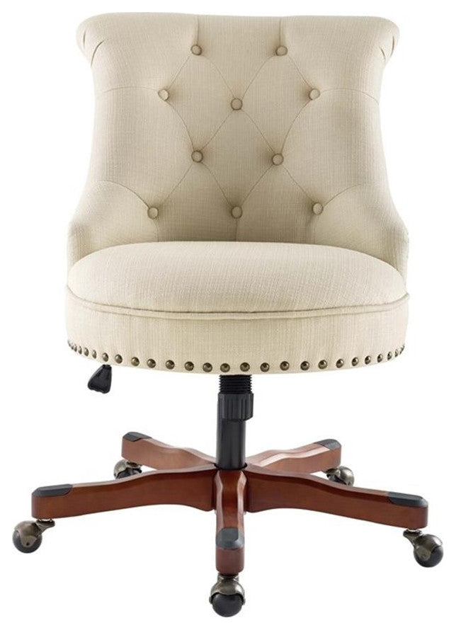 Linon Sinclair Beige Upholstered Adjustable Office Chair in Cherry Wood Base
