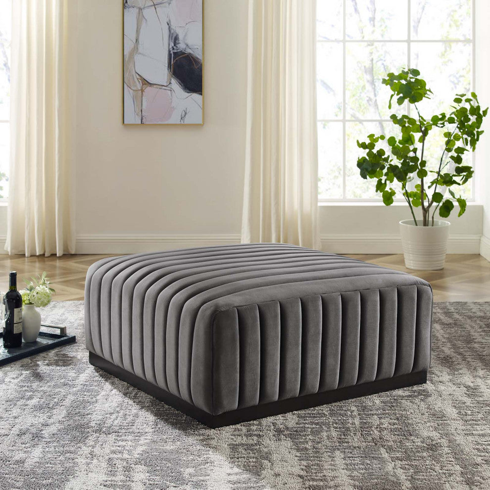 Conjure Channel Tufted Performance Velvet Ottoman, Black Gray