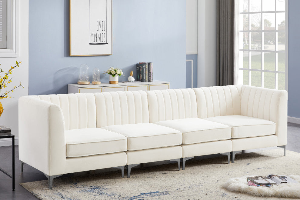 Alina Velvet Upholstered 4-Piece Modular Sofa, Cream