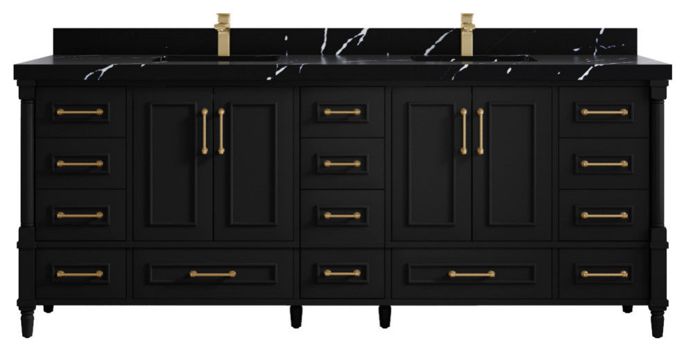Aberdeen 84 Double Sink Bath Vanity In Black 2" Calacatta Black