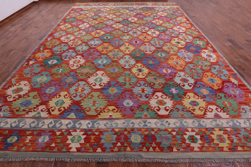 11' 9" X 16' 3" Wool On Wool Kilim Flat Weave Reversible Rug - Q12538