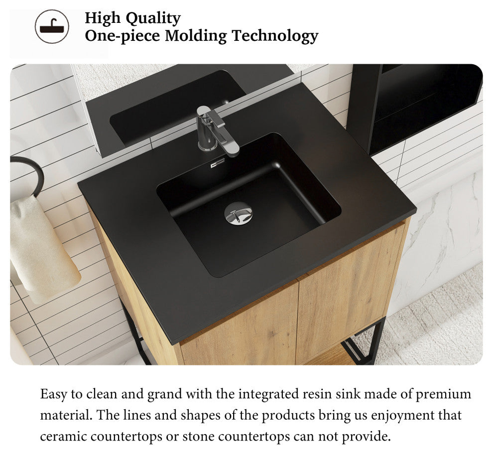 24" Freestanding Bath Vanity, Black Quartz Top, Oak