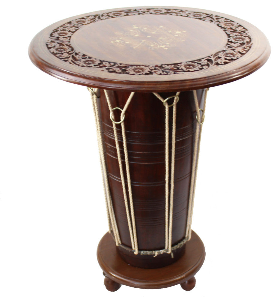 Natural Geo Handcarved Rosewood 23" Drum Table with Brass Inlay